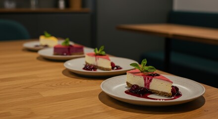 Deliciously Crafted Cheesecakes Displayed on Wooden Table with Elegant Presentation