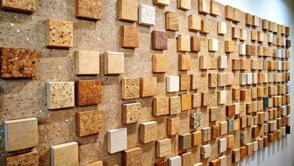 A Diverse Collection of Textured Square Tiles Arranged in an Intriguing Wall Pattern Featuring Varied Earth Tones and Subtle Color Variations
