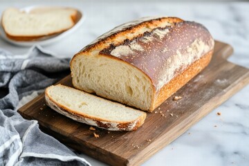 Bread loaf with thick slices on marble surface