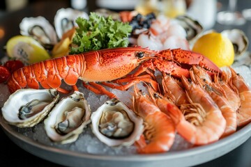 Seafood platter with lobster shrimp and oysters
