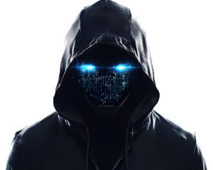  A hacker wearing a black hoodie and mask with glowing blue eyes, against a white background