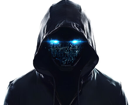  A hacker wearing a black hoodie and mask with glowing blue eyes, against a white background - Powered by Adobe