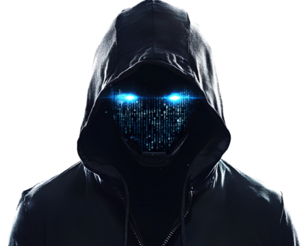  A hacker wearing a black hoodie and mask with glowing blue eyes, against a white background