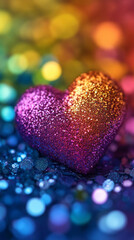 Fototapeta premium Shiny 3D rainbow heart radiating love and inclusivity, placed against a softly blurred background. Symbol of pride, unity, and beauty. Caption space available on the side for messaging.