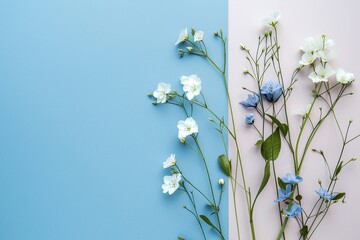 Delicate Arrangement of White and Blue Flowers on a Minimalist Background with Subtle Tints Varient 2
