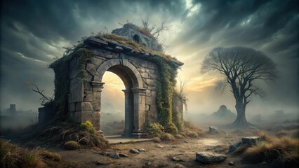 An ancient stone archway, overgrown with vegetation, stands solitary in a misty field at sunset, a pathway leading towards a mysterious horizon.