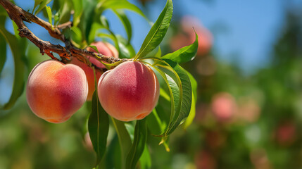 Obraz premium Ripe Peaches on Tree Branch Under Clear Blue Sky