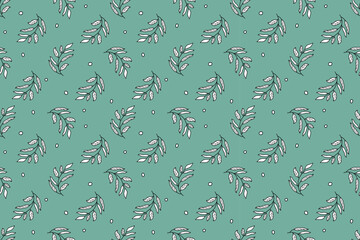 Beautiful natural seamless pattern of  plant in black and white on  green background. Plant of  environment. Flat design. For wallpaper, textiles, packaging, background, website.