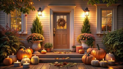Obraz premium Autumnal Evening Porch Decor Illuminated Pumpkins, Candles, and Fall Flowers Grace a Welcoming Home Entrance