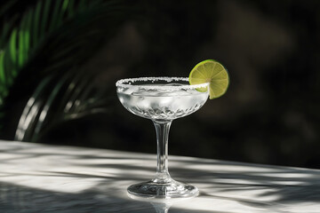 Refreshing drink in a crystal glass with salt rim and lime garnish, elegant stemware on a marble surface with tropical foliage backdrop.