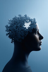 Mind puzzle: Woman's profile with missing piece reveals cognitive concepts and creative problem-solving.