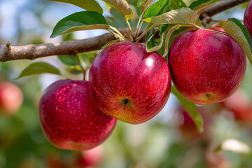 Obraz premium Ripe Red Apples Hanging on Tree Branch in Orchard