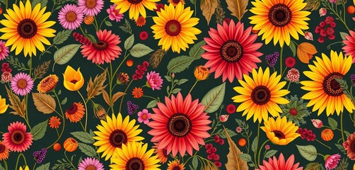 Autumn floral seamless pattern featuring asters, sunflowers, berries, leaves, and grasses, red, asters