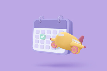 3d calendar marked date for booking ticket plane day on travel holiday. Calendar with mark for schedule appointment, event day, holiday planning concept 3d flight airplane vector render illustration
