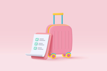 3d white clipboard task management todo check list with suitcase on background. checklist icon with mark for travel holiday planning, summer vacation concept. 3d suitcase vector render illustration