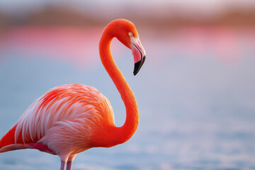 Elegant Pink Flamingo Standing in Water with Soft Sunset Background