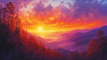 Vibrant Sunset over Smoky Mountains Landscape Stunning Nature