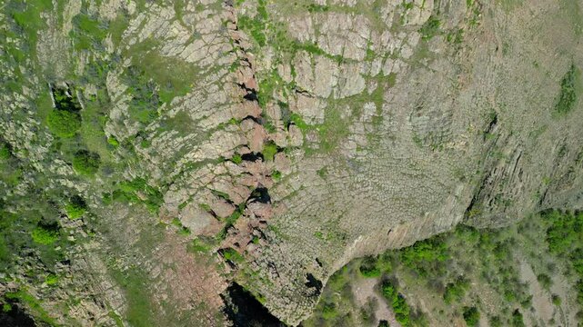 Drone view of the ancient Monyak fortress located on a hill near Kardzhali, Bulgaria. Panoramic view of the ancient Monyak fortress located on a hill on the shore of the dam Studen Kladenets near Kard