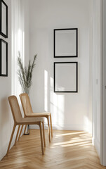 Minimalist hallway with two light wood chairs and framed artwork