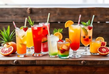 Assortment of colorful summer drinks on rustic wooden table with ample copy space, juice, beverages