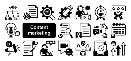 Content marketing icon collection set. Containing idea, storytelling, writing schedule, review, writing, food article, management icon. Simple flat vector.
