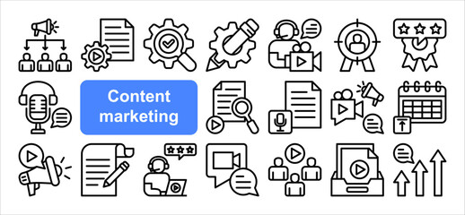 Content marketing icon collection set. Containing idea, storytelling, writing schedule, review, writing, food article, management icon. Simple line vector.