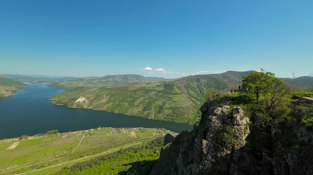 Drone view of the ancient Monyak fortress located on a hill near Kardzhali, Bulgaria. Panoramic view of the ancient Monyak fortress located on a hill on the shore of the dam Studen Kladenets near Kard