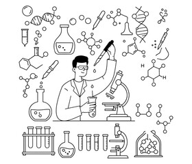 Cartoon vector doodle set of science and chemistry icons for school children