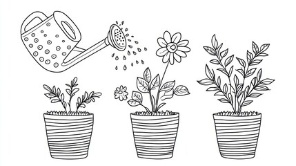 Watering plants in pots, stages of growth, from seed to flower. Illustration shows watering can pouring water on a young plant, growing into a blooming flower, and a more mature, leafy plant