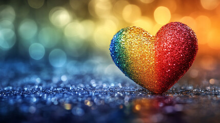 Fototapeta premium Shiny 3D rainbow heart radiating love and inclusivity, placed against a softly blurred background. Symbol of pride, unity, and beauty. Caption space available on the side for messaging.