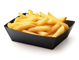 Golden-fried potato sticks in a black cardboard tray.  Crispy, golden-brown French fries arranged in a dark cardboard container, isolated against a white background.  Perfectly cooked and ready to eat