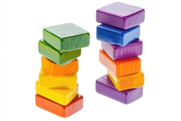 Colorful wooden blocks stacked in pairs, isolated on white