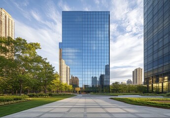 Fototapeta premium Modern Glass Skyscraper Facade Reflecting Cityscape View on a Stone Courtyard