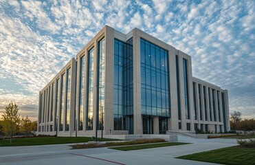 Fototapeta premium Modern glassclad architecture with reflected sky and cloudy blue sky view