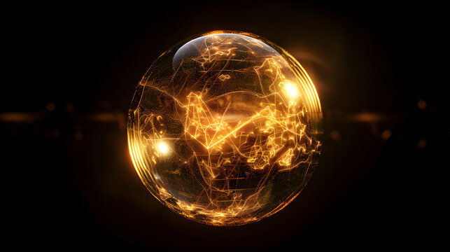 Glowing orb with intricate golden lines and internal light sources on a dark background with lens flares