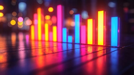 Neon bar chart reflects on wood. Urban bokeh background