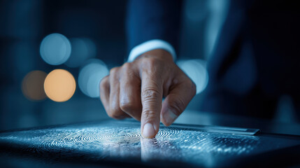 Businessman uses touchscreen with fingerprint scan