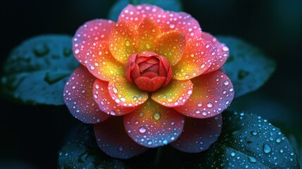 Vibrant camellia flower, dewy petals