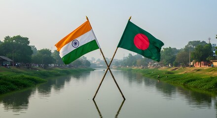 India and Bangladesh Flags Across a Calm River A Symbol of Friendship and Cooperation