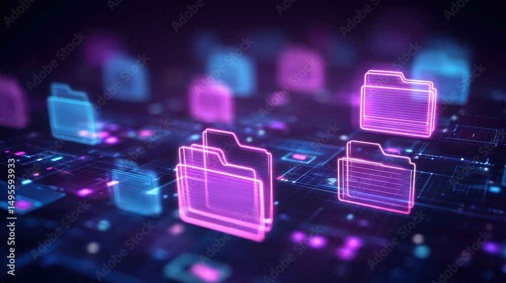 Poster abstract network grid with files and folders, futuristic software interface, digital document manage