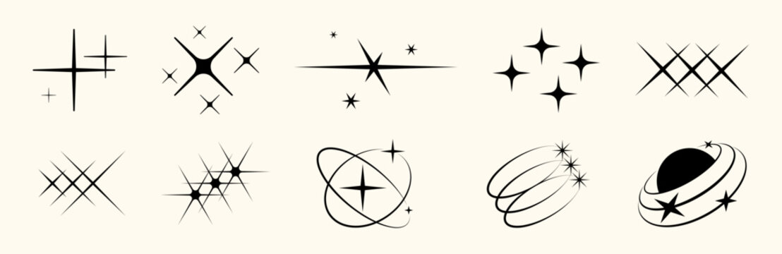 Retro Y2K star icon set with glitter, glow, sparkle, and flash effects. Flat and outlined symbols. Perfect for festive, cosmic, or vintage inspired graphic design.