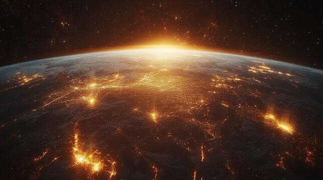 Erupting sunrise over a fiery earth global landscape digital art outer space aerial view environmental change
