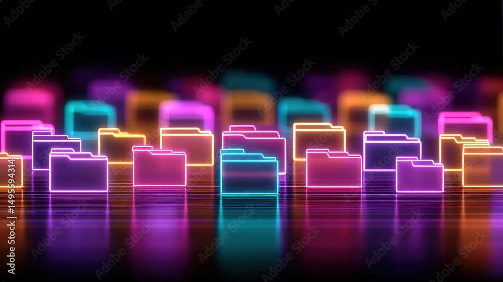Poster abstract network grid with files and folders, futuristic software interface, digital document manage