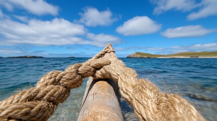 Close-up of a weathered rope tied to a wooden post on a sunny beach