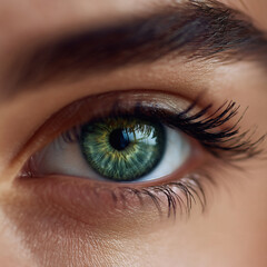 Obraz premium Close-up captures a captivating human eye with a striking green iris, framed by dark lashes and eyebrow.