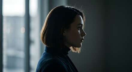 Thoughtful Woman Silhouette Profile Portrait in Dramatic Light, Introspective Mood, Emotional Photography