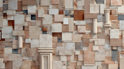 A pale stone mosaic floor in Greek pattern, beige and blush tones blending softly, photographed overhead with crisp exposure 76067077 2