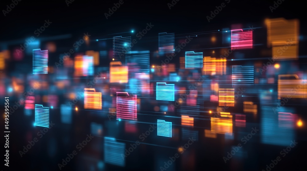 Poster abstract network grid with files and folders, futuristic software interface, digital document manage