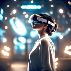 Modern people using virtual reality headsets in stylish interior or abstract space, with room for text