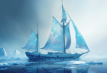 Fototapeta premium Majestic ship sailing through icy waters with vibrant blue sails